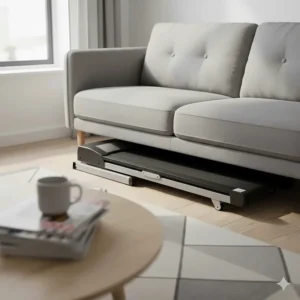 Ultra-slim treadmill being slid under a grey fabric sofa in a small UK living room.