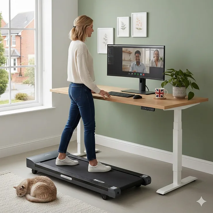 A person working at a standing desk in a bright UK home office using a compact under desk treadmill with adjustable height settings. compact under desk treadmill adjustable height
