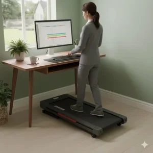 Illustration of a compact under-desk walking treadmill fits perfectly into a small British home office space.