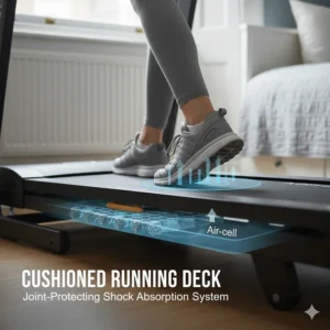 Detailed view of the cushioned running deck designed for quiet impacts and joint protection during home workouts.