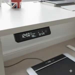 A digital display on a walking pad showing steps taken during a UK workday.