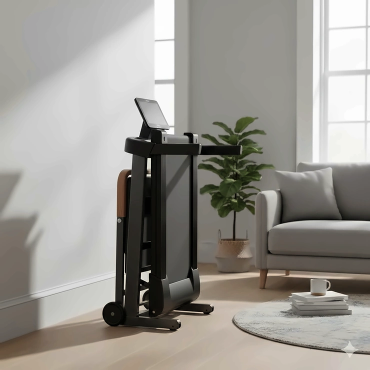 A compact motorised treadmill folded completely flat against a wall in a bright UK living room, demonstrating the easiest fold up treadmill to store for small homes. easiest fold up treadmill to store