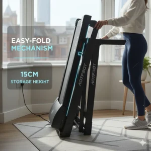 A user easily collapsing a flat fold treadmill to its 15cm height for vertical storage against a wall.