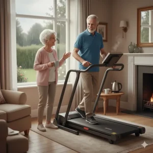 An elderly British couple staying active indoors using a gentle walking treadmill during a rainy day.