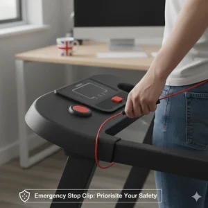 A safety-first illustration showing the emergency stop cord and magnetic clip attached to a user's waistband.