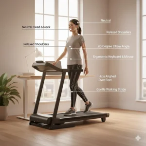 A diagram illustrating correct ergonomic posture when using an under desk treadmill for working from home to prevent back strain.