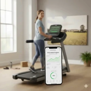 A smartphone app synced to a treadmill tracking weekly low-impact walking progress for knee health.