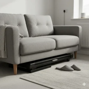 Slimline flat fold treadmill tucked neatly under a grey fabric sofa in a small flat.