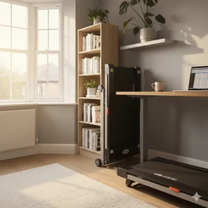 A space saving treadmill folded vertically against a wall next to a bookshelf to maximise floor space.