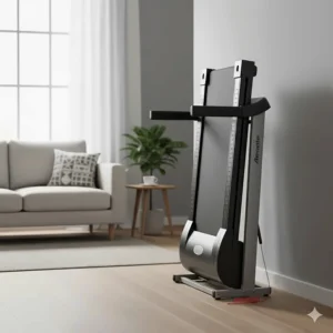 A compact, folding treadmill stored in a modern British living room, ideal for home rehabilitation.