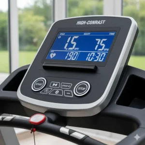 Alt text for image 7: A high-contrast treadmill console with large, clear blue digital readouts for speed and heart rate, designed for easy visibility.