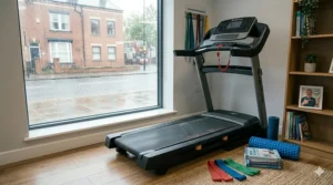 A compact home gym setup in a UK house featuring a treadmill for daily injury rehabilitation.