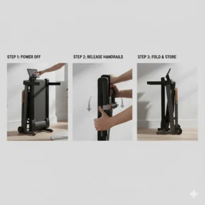 A three-step visual guide showing how to collapse the handlebars for the easiest fold up treadmill storage after a workout.