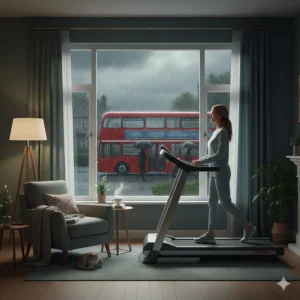 Illustration showing the convenience of low speed treadmill walking indoors to avoid typical grey and rainy British weather.