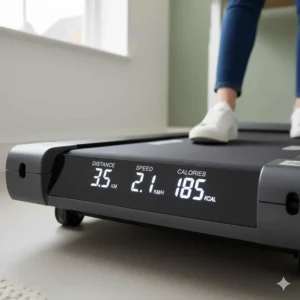 Illustration of the sleek LED display showing distance in kilometres, speed, and calories burnt.