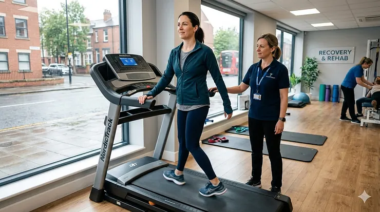 A person undergoing injury recovery using a low impact treadmill in a bright British physiotherapy clinic. low impact treadmill injury recovery