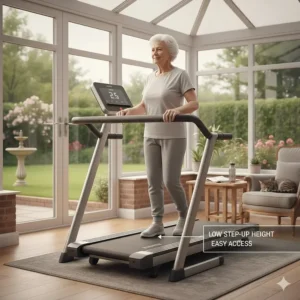 Alt text for image 6: Illustration of a senior woman boarding a treadmill with a low-profile base and minimal step-up height for easy access.