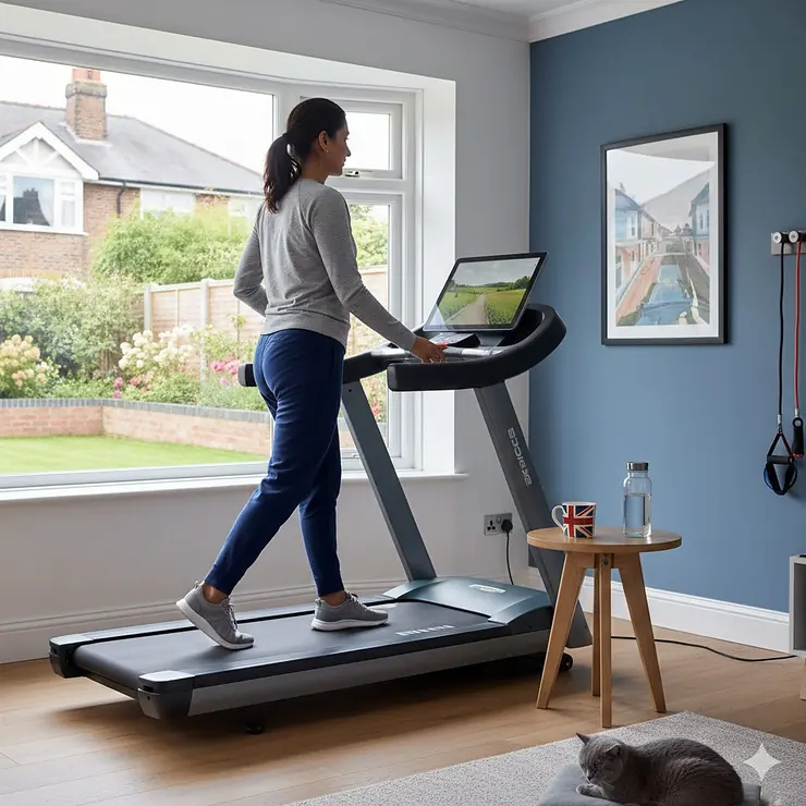 A person in comfortable sportswear using a low speed treadmill for walking only in a bright UK home gym setting. low speed treadmill walking only