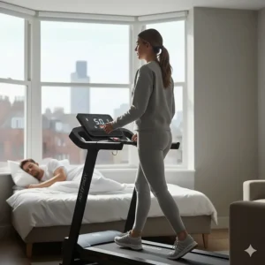 A quiet morning workout on a flat fold treadmill while a partner sleeps undisturbed in a small apartment.