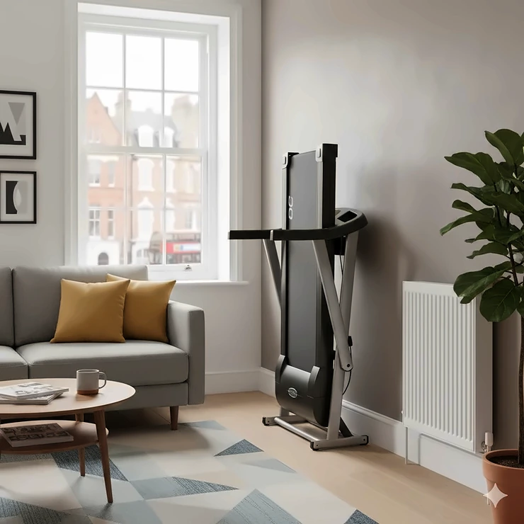 A slim, compact treadmill folded against a wall in a modern London studio flat to save floor space. most compact treadmill for studio flat