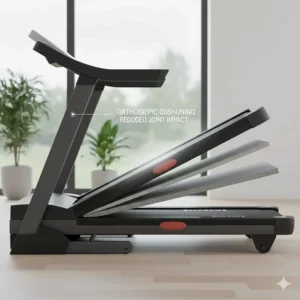 Alt text for image 4: Photorealistic diagram showing the layered orthopaedic cushioning of a treadmill deck designed to reduce impact on joints.