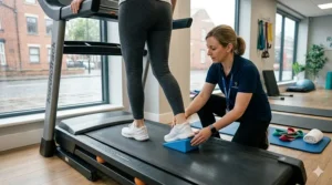 A UK physiotherapist supervising a patient during a low-impact walking exercise on a treadmill.