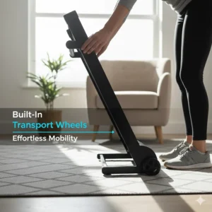A user tilting the treadmill onto built-in transport wheels to move it across a carpeted floor in a terrace house.