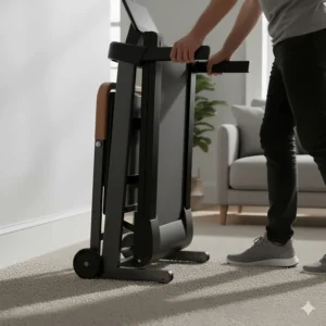 A person easily moving a lightweight treadmill across a carpeted floor using built-in transport wheels for better manoeuvrability.