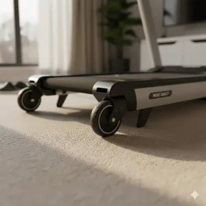 Close-up of built-in transport wheels on a treadmill, making it easy to move across a carpeted room.