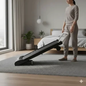 A person easily moving a portable under desk treadmill using built-in transport wheels on a carpeted UK bedroom floor.