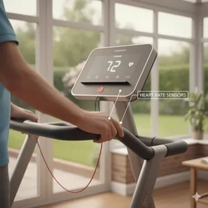 Alt text for image 9: Close-up of a user's hands on treadmill handlebars with integrated pulse grip sensors to monitor heart rate safely.
