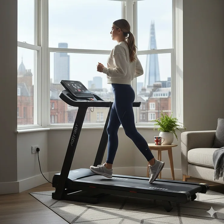 A person running on a quiet flat fold treadmill in a compact, modern UK living room with a view of a city skyline. quiet flat fold treadmill for apartment living
