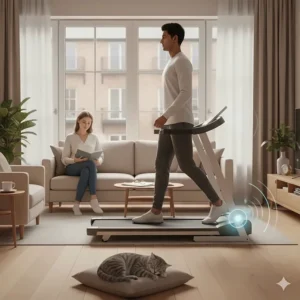 A quiet motor treadmill being used in a flat, demonstrating low noise levels that won't disturb British neighbours.