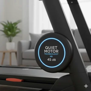 Close-up of a treadmill motor with a quiet operation graphic, ideal for avoiding neighbour disputes in flats.