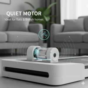 Graphic highlighting the quiet motor of a walking pad, ideal for use in British semi-detached houses or flats.