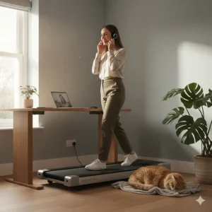 A person walking on a treadmill while wearing a headset, highlighting the quiet motor suitable for video calls.