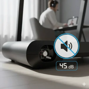 Close-up of a quiet treadmill motor, ideal for walking during Microsoft Teams or Zoom meetings without distracting colleagues.