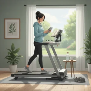 A person reading a book or using a tablet while maintaining a steady 2mph pace on a walking-only treadmill.