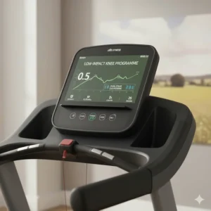A digital treadmill console showing a low-impact walking programme suitable for knee injury recovery.