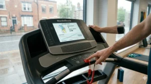 Close-up of a treadmill console displaying heart rate and time for a structured recovery programme.