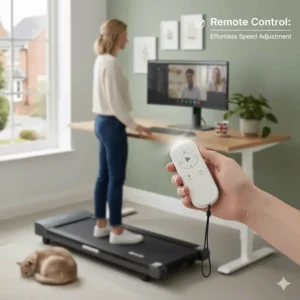 Hand-held remote control illustration used to adjust the walking speed of a compact under desk treadmill.