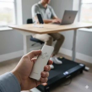 A person holding a compact remote control to adjust the speed of their under desk treadmill while typing at a laptop.