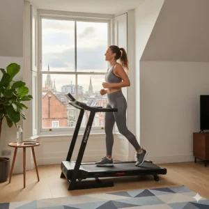 A woman running on a small folding treadmill while looking out of a sash window at a British city skyline.