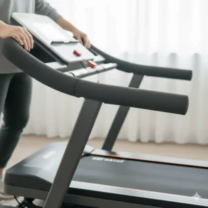 Close-up of sturdy, padded safety handrails on a treadmill designed for older adults.
