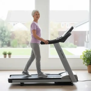 An older adult safely enjoying a low speed treadmill walking session to improve mobility and heart health.
