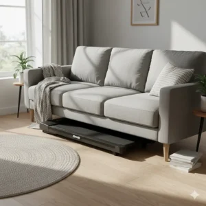 A slim under desk treadmill for working from home being stored flat under a sofa to save space in a small British living room.