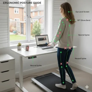 Diagram showing correct posture for walking while working at a desk in a home office.