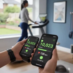 A close-up of a pedometer or fitness app showing daily step count goals achieved through low speed treadmill walking.