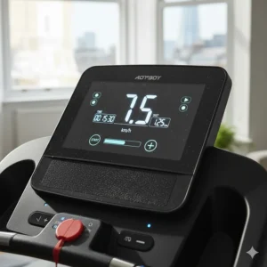 Integrated LED display on a folding treadmill showing speed in kilometres per hour and distance tracking.
