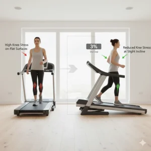 Illustration showing how a slight treadmill incline can reduce knee stress compared to flat surface running.